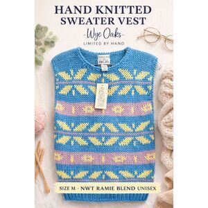Hand Knit Sweater Vest Blue Yellow Ramie Blend Unisex M NWT Artisan Wye Oaks